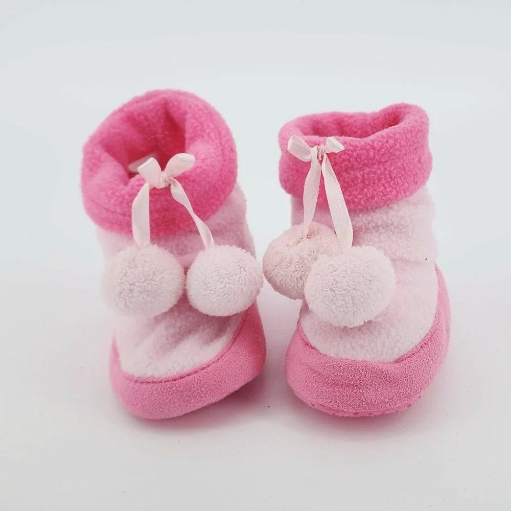 Baby Girl Pink Fleece Pom Pom Slipper Booties‎ Non-Slip XS 3-4 Infant Shoes